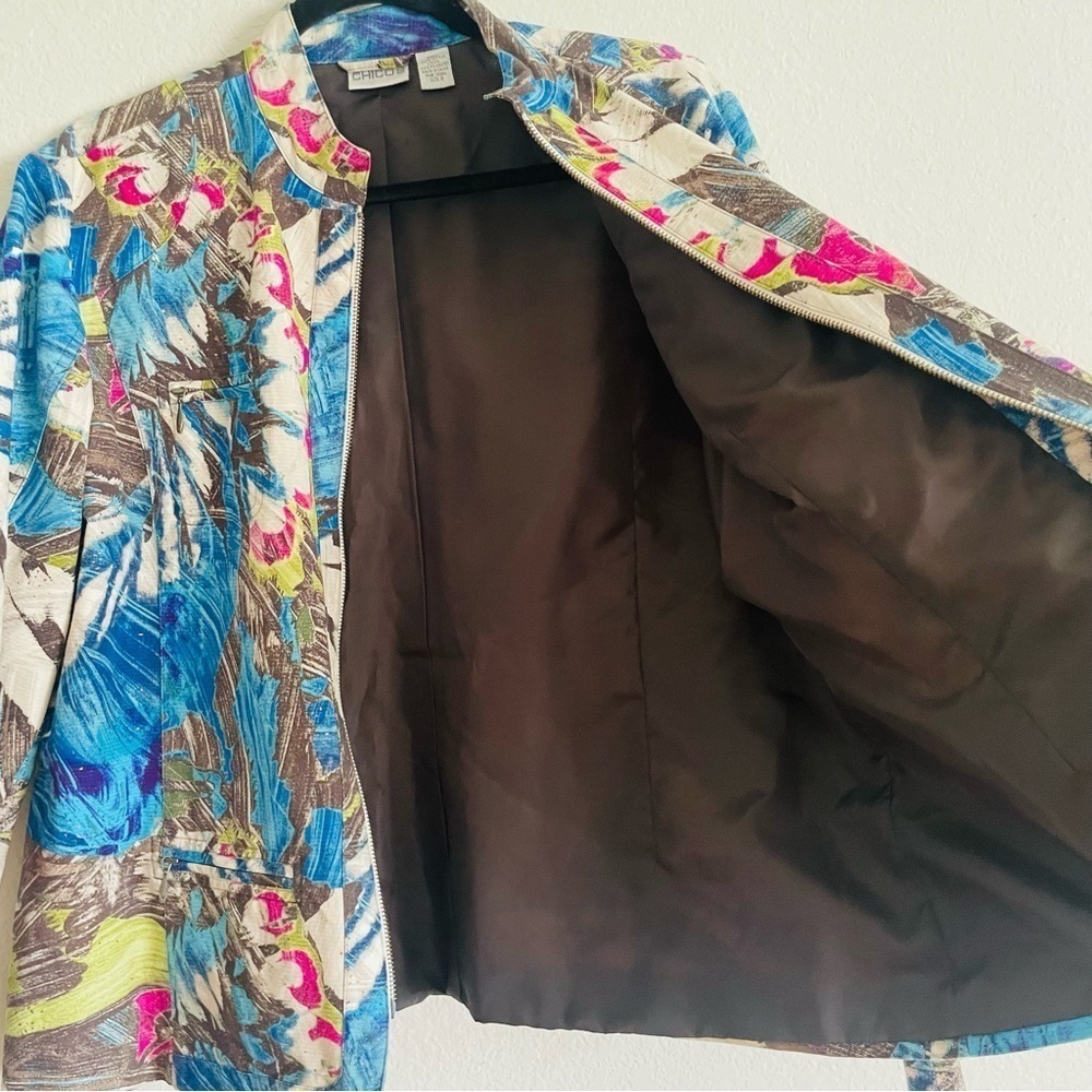 Chico’s woman blazer jacket size 3 Large full zip abstract 100% cotton - Picture 2 of 8